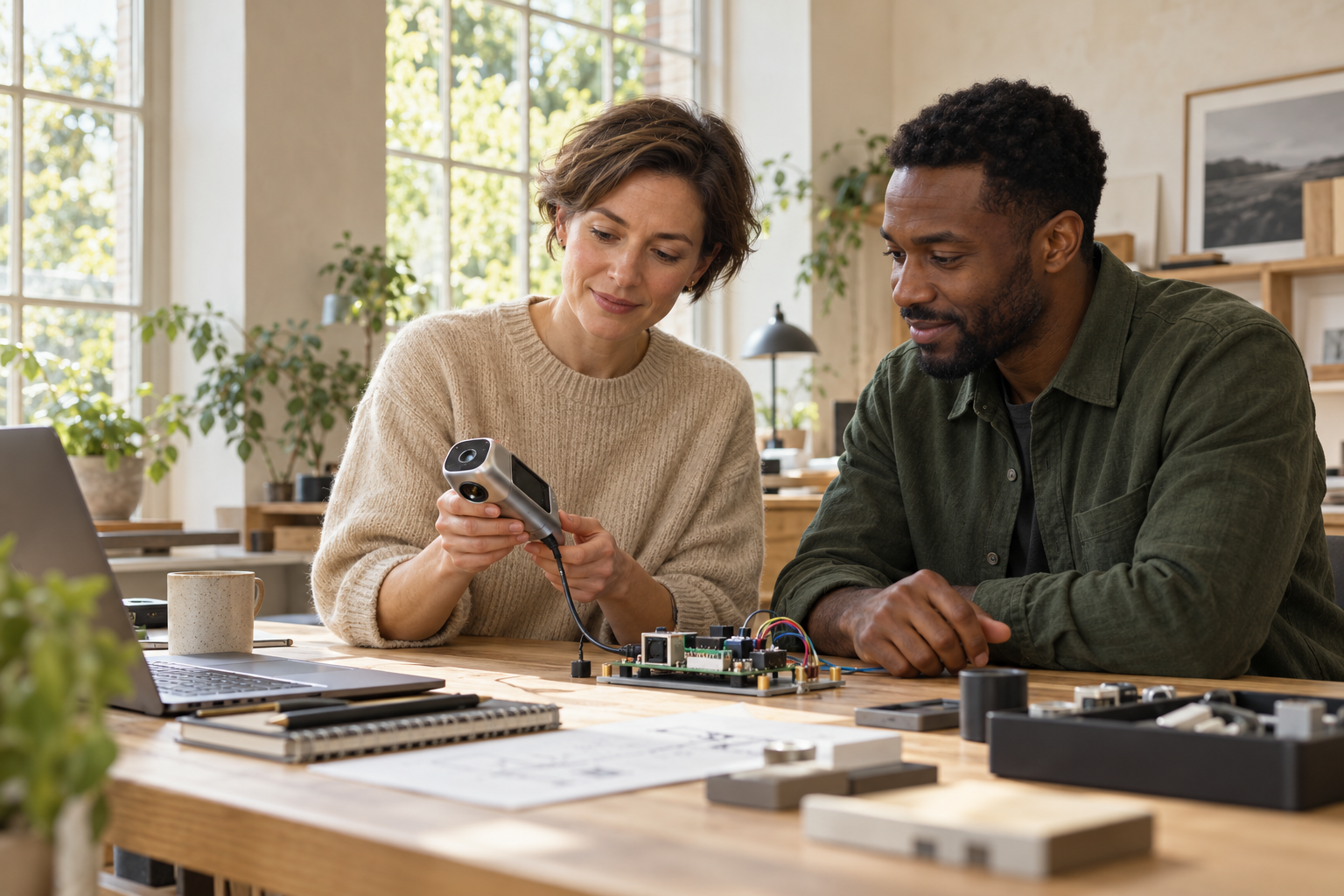 Concept scene: two specialists testing a handheld sensing device alongside a prototype circuit board
