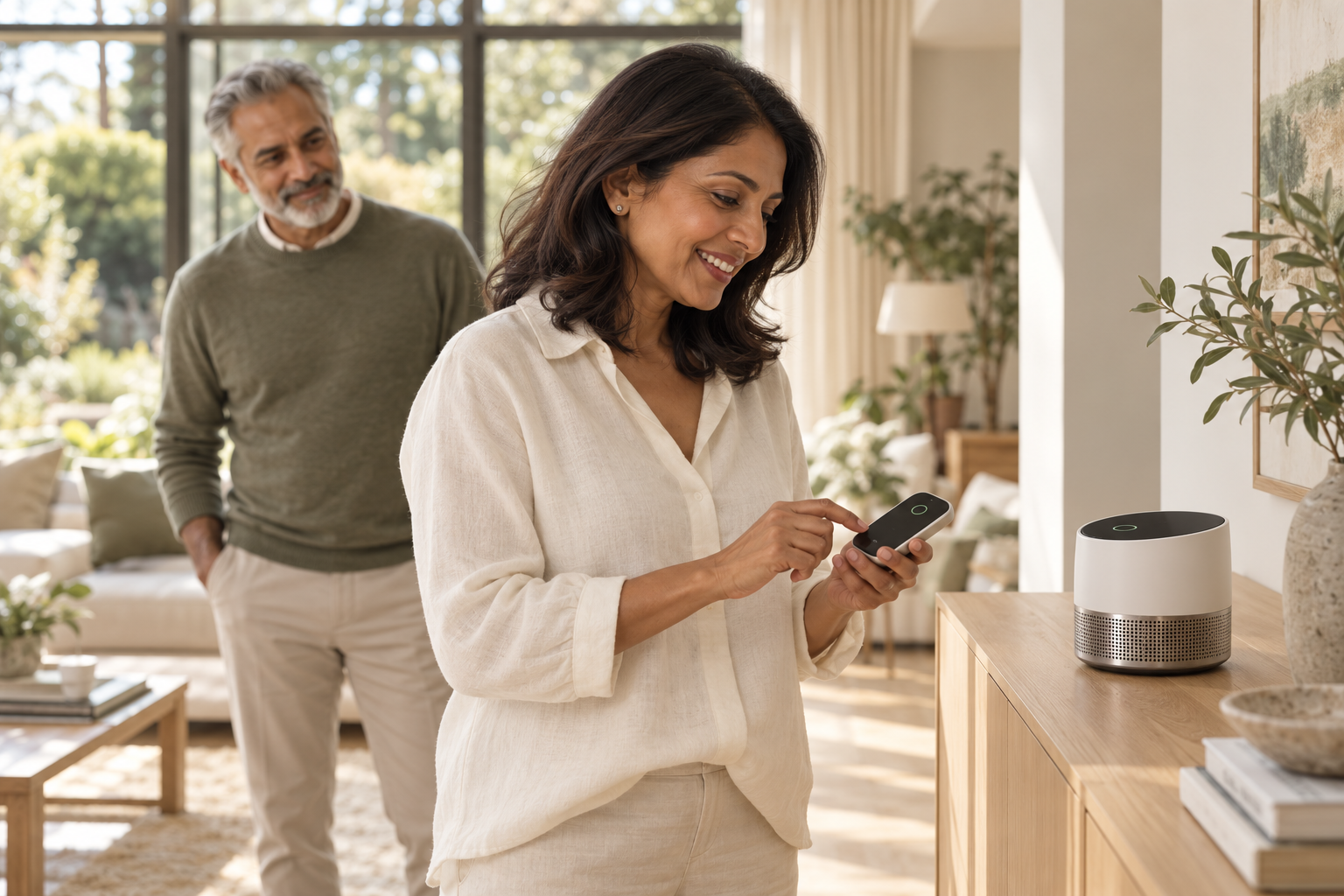 Illustrative concept: a woman using a connected home device